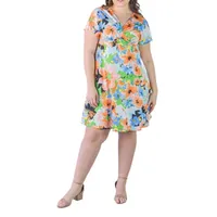 24seven Comfort Apparel Womens Short Sleeve Floral A-Line Dress Plus