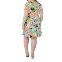 24seven Comfort Apparel Womens Short Sleeve Floral A-Line Dress Plus