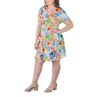 24seven Comfort Apparel Womens Short Sleeve Floral A-Line Dress Plus