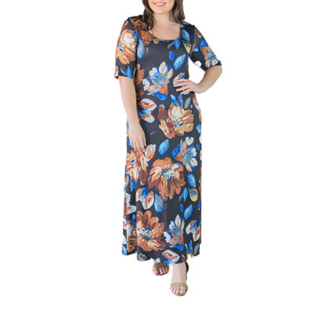 24seven Comfort Apparel Womens Short Sleeve Floral Maxi Dress Plus