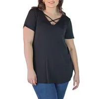 24seven Comfort Apparel Plus Womens V Neck Short Sleeve Tunic Top