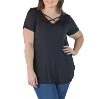 24seven Comfort Apparel Plus Womens V Neck Short Sleeve Tunic Top