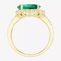 Womens Lab Created Green Emerald 14K Gold Over Silver Sterling Pear Halo Side Stone Cocktail Ring