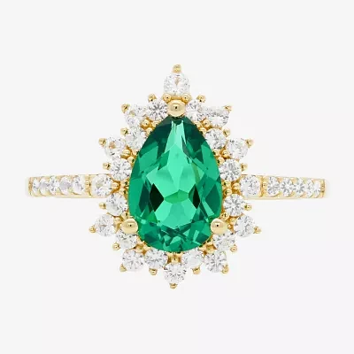 Womens Lab Created Green Emerald 14K Gold Over Silver Sterling Pear Halo Side Stone Cocktail Ring