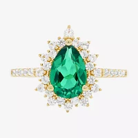Womens Lab Created Green Emerald 14K Gold Over Silver Sterling Pear Halo Side Stone Cocktail Ring