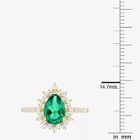 Womens Lab Created Green Emerald 14K Gold Over Silver Sterling Pear Halo Side Stone Cocktail Ring