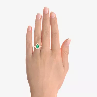 Womens Lab Created Green Emerald 14K Gold Over Silver Sterling Pear Halo Side Stone Cocktail Ring