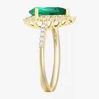 Womens Lab Created Green Emerald 14K Gold Over Silver Sterling Pear Halo Side Stone Cocktail Ring