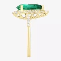 Womens Lab Created Green Emerald 14K Gold Over Silver Sterling Pear Halo Side Stone Cocktail Ring