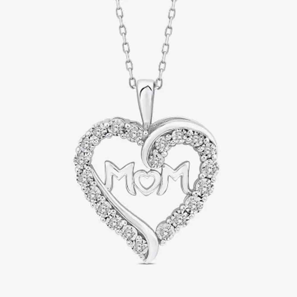 (H,Si2) "Mom" Womens 1/4 CT. T.W. Lab Grown White Diamond Sterling Silver Heart Pendant Necklace