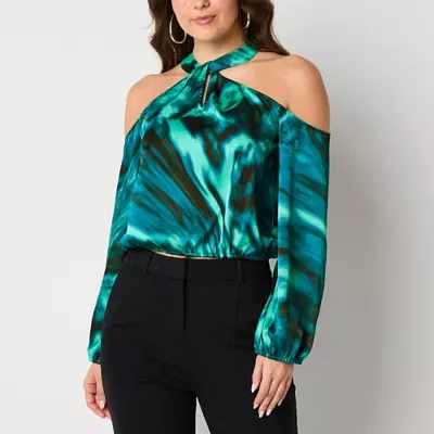 Bold Elements Womens Keyhole Neck Long Sleeve Satin Blouse