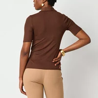Worthington Womens Y Neck Short Sleeve Polo Shirt