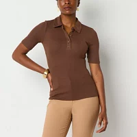 Worthington Womens Y Neck Short Sleeve Polo Shirt