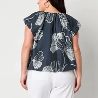 Worthington Plus Womens Round Neck Short Sleeve Blouse