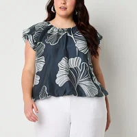 Worthington Plus Womens Round Neck Short Sleeve Blouse