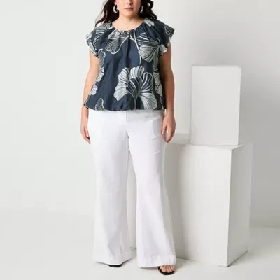 Worthington Plus Womens Round Neck Short Sleeve Blouse