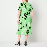 Liz Claiborne Womens Short Sleeve Floral Midi A-Line Dress Plus