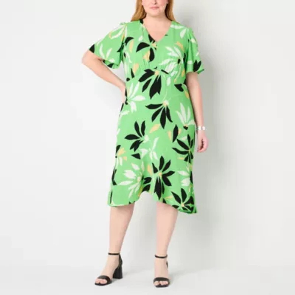 Liz Claiborne Womens Short Sleeve Floral Midi A-Line Dress Plus