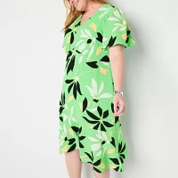 Liz Claiborne Womens Short Sleeve Floral Midi A-Line Dress Plus