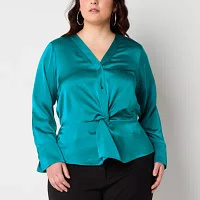 Bold Elements Plus Womens V Neck Long Sleeve Satin Blouse