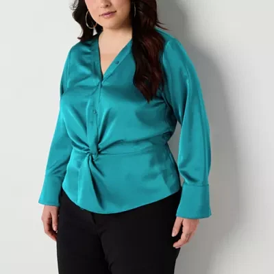 Bold Elements Plus Womens V Neck Long Sleeve Satin Blouse