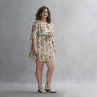 Premier Amour Off The Shoulder Womens 3/4 Sleeve Floral Fit + Flare Dress Plus