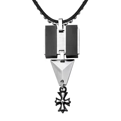 Inox® Jewelry Mens Black Leather, Stainless Steel and Black IP Cross Pendant