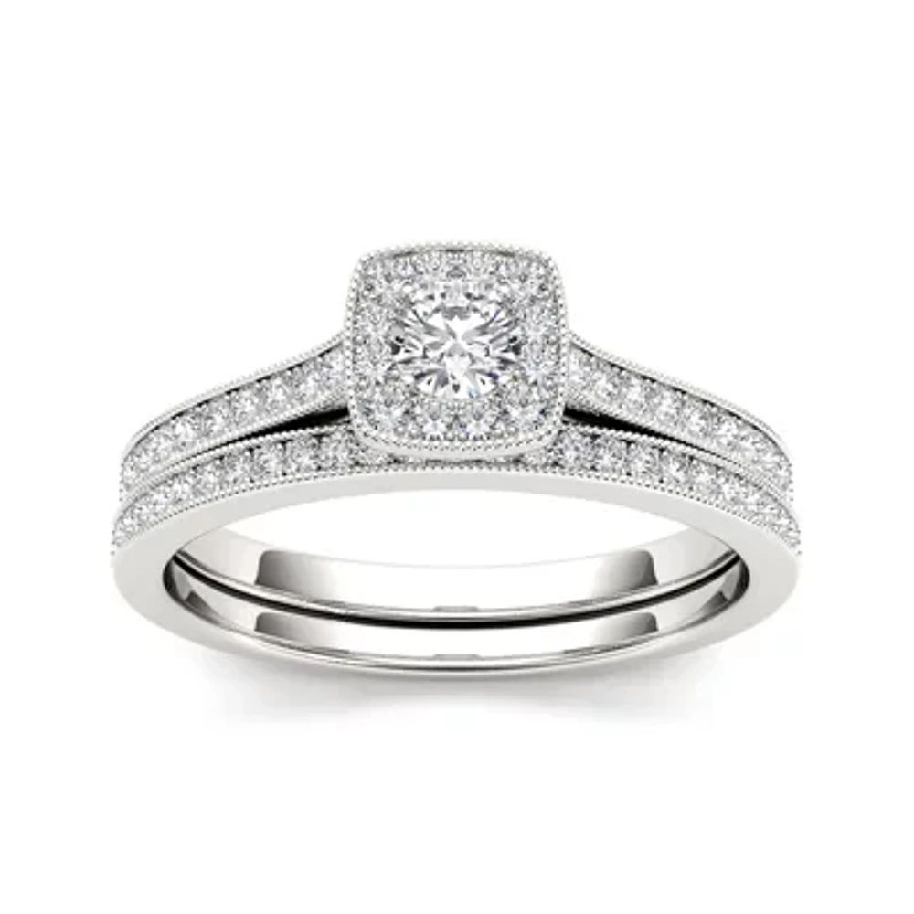 1/2 CT.T.W. Natural Diamond 10K White Gold Halo Bridal Ring Set