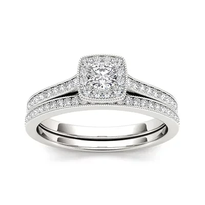 1/2 CT.T.W. Natural Diamond 10K White Gold Halo Bridal Ring Set