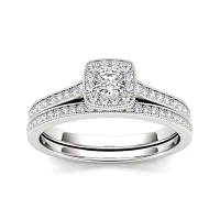 1/2 CT.T.W. Natural Diamond 10K White Gold Halo Bridal Ring Set