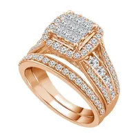 Womens 1/ CT. T.W. Natural White Diamond 10K Rose Gold Cushion Side Stone Halo Bridal Set