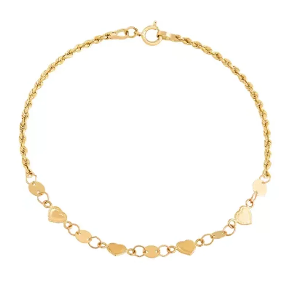 14K Gold 7 Inch Hollow Rope Heart Link Bracelet
