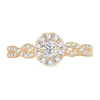 Womens 1/ CT. T.W. Natural White Diamond 10K Gold Oval Side Stone Halo Engagement Ring