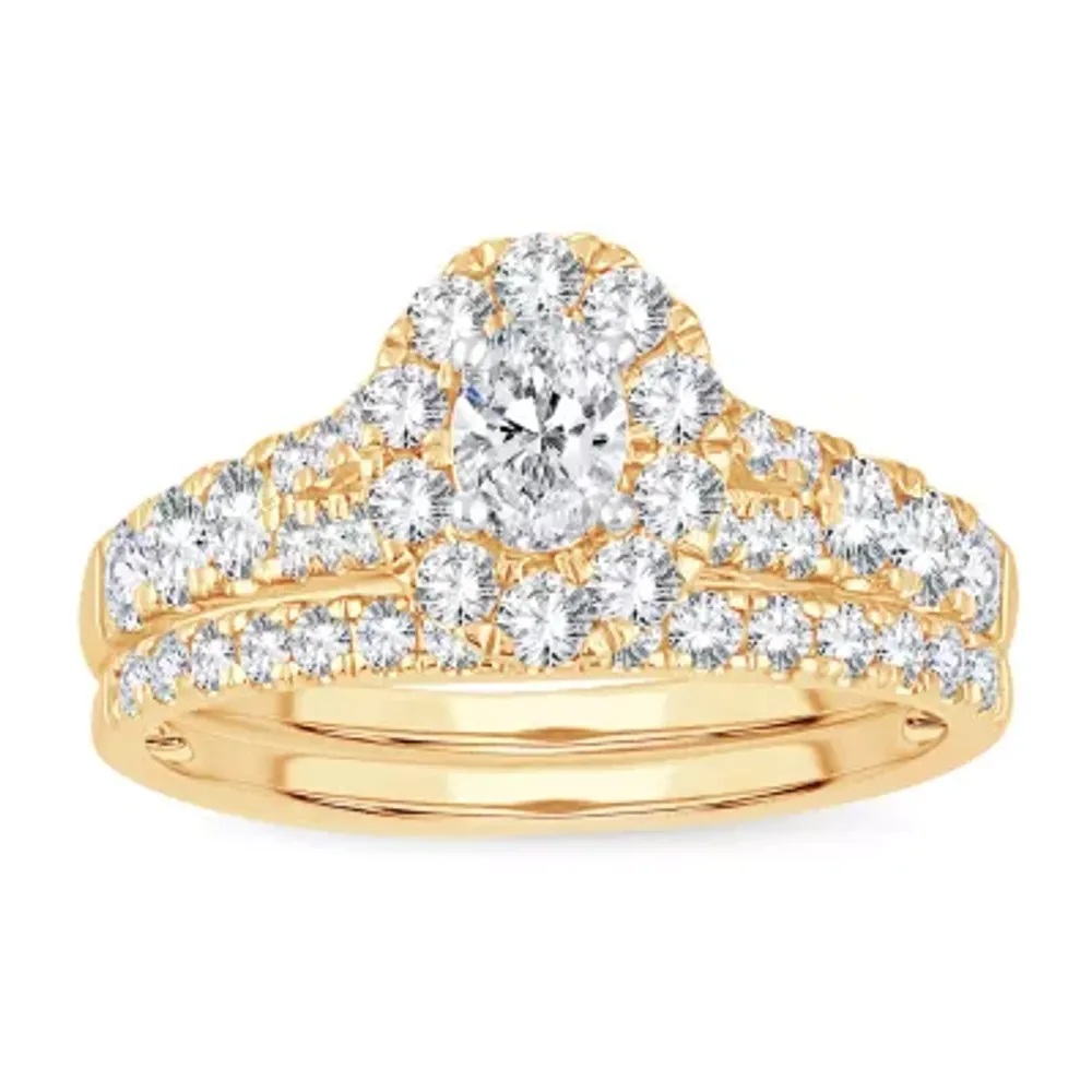 Womens CT. T.W. Natural White Diamond 10K Gold Oval Side Stone Halo Bridal Set