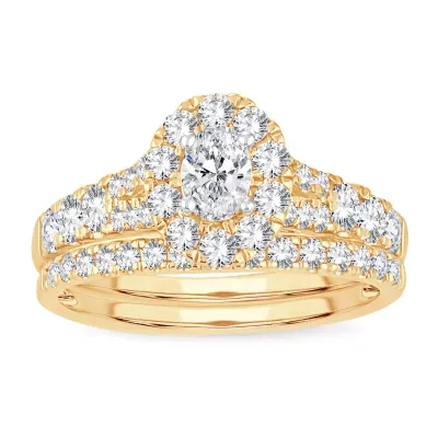Womens CT. T.W. Natural White Diamond 10K Gold Oval Side Stone Halo Bridal Set