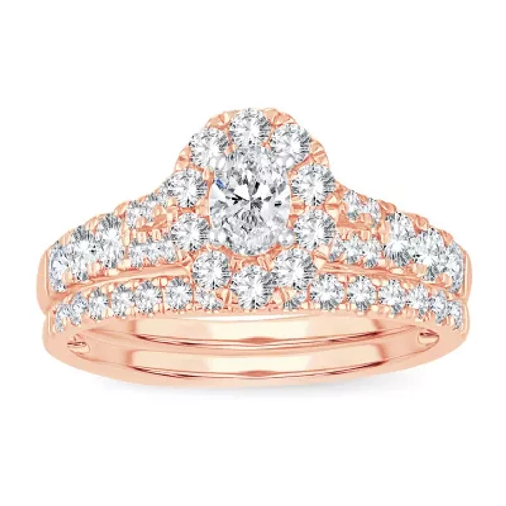 Womens 1 CT. T.W. Natural White Diamond 10K Rose Gold Oval Bridal Set
