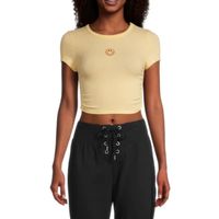 Flirtitude Side Cinch Embroidered Womens Crew Neck Short Sleeve Embroidered Crop Top Juniors