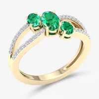 Womens Genuine Green Emerald 10K Gold Oval 3-Stone Cocktail Ring