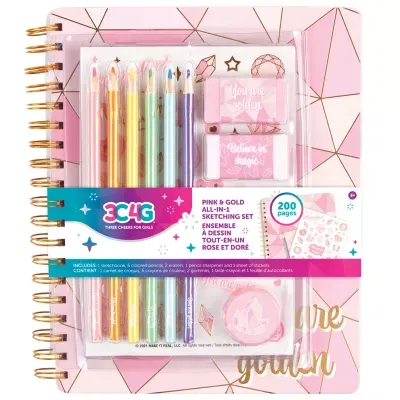 Three Cheers For Girls Pink & Gold All-In-1 Sketching Set 11-pc. Kids Craft Kit