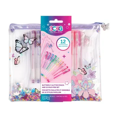 Three Cheers For Girls Butterfly Glitter Pouch & 12 Pack Pen Set 12-pc. Kids Craft Kit