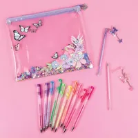 Three Cheers For Girls Butterfly Glitter Pouch & 12 Pack Pen Set 12-pc. Kids Craft Kit