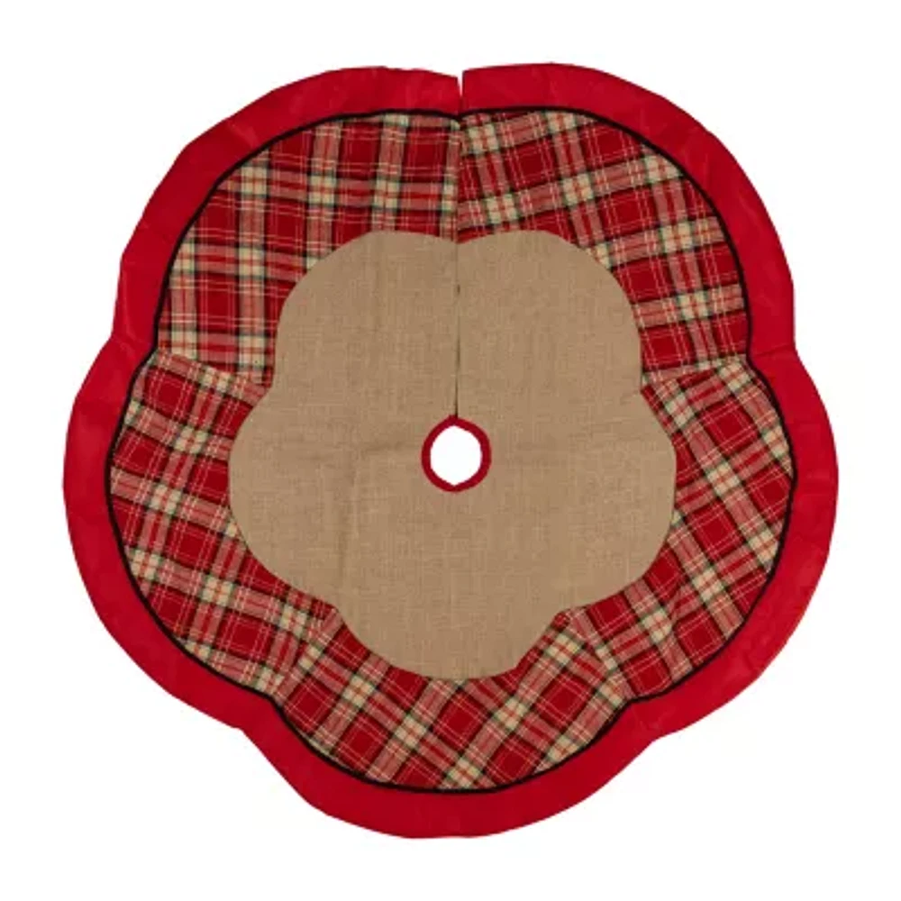 48'' Burlap and Red Plaid Christmas Tree Skirt with Scalloped Border