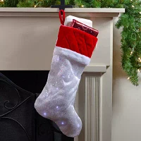 Northlight 22.25in Led Lighted White Iridescent Glittered  With Red Cuff Christmas Stocking