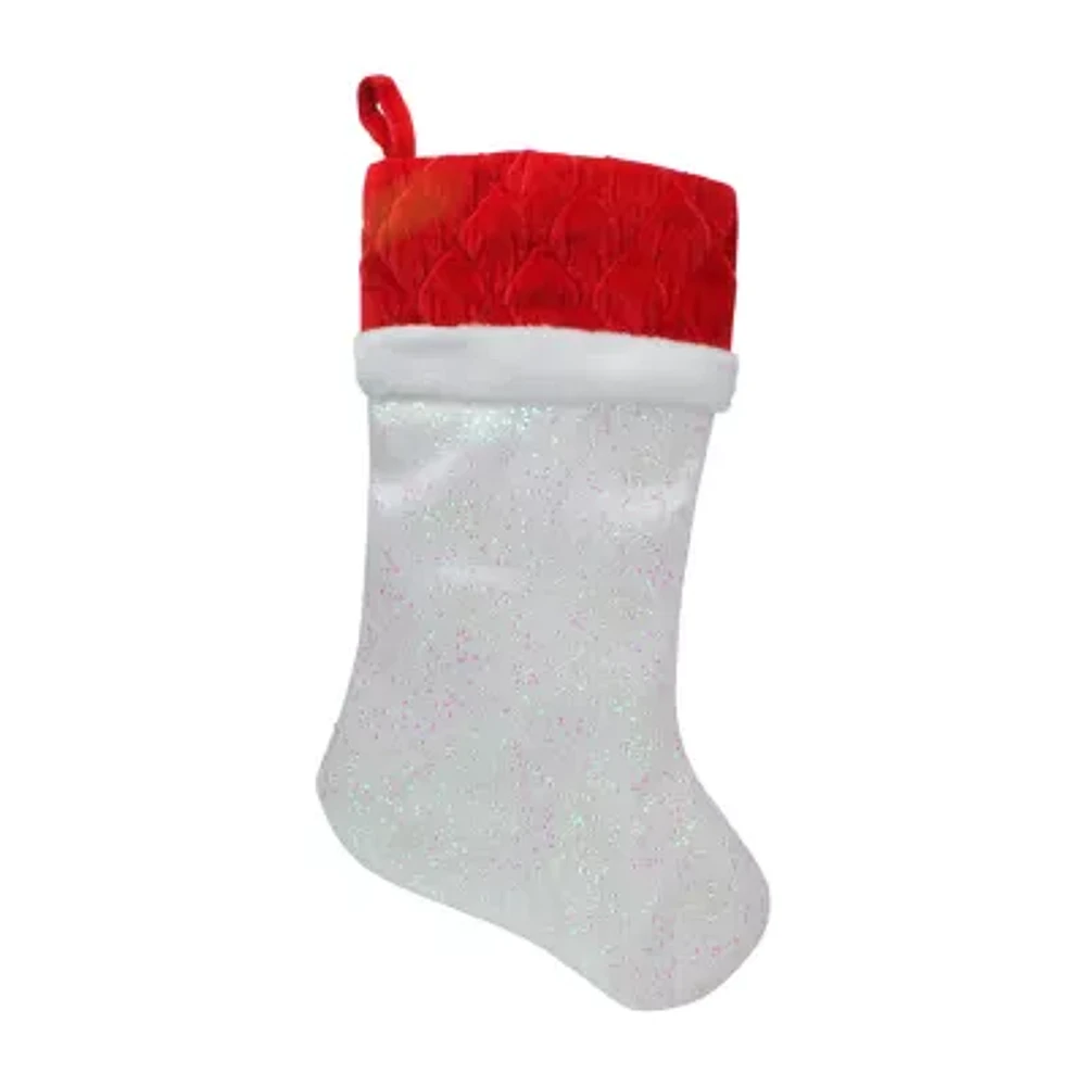 Northlight 22.25in Led Lighted White Iridescent Glittered  With Red Cuff Christmas Stocking