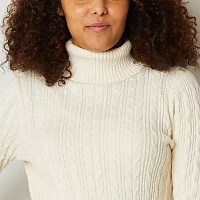 St. John's Bay Womens Turtleneck Long Sleeve Cable Knit Pullover Sweater