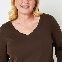 St. John's Bay Womens Plus V Neck 3/4 Sleeve T-Shirt