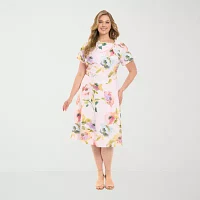 London Times Womens Short Sleeve Floral Fit + Flare Dress Plus