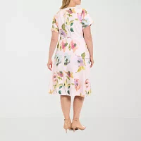 London Times Womens Short Sleeve Floral Fit + Flare Dress Plus