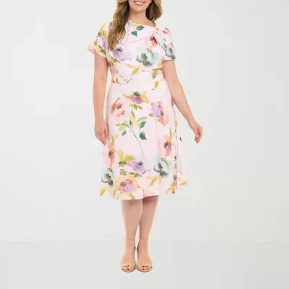 London Times Womens Short Sleeve Floral Fit + Flare Dress Plus