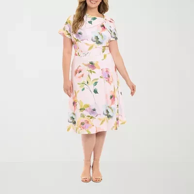 London Times Womens Short Sleeve Floral Fit + Flare Dress Plus